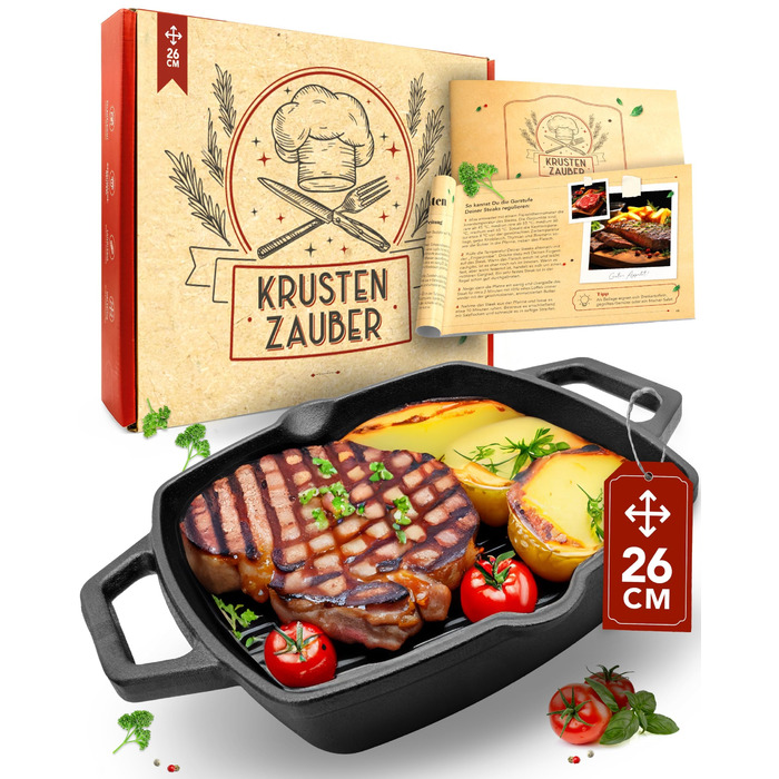 Чавунна гриль-сковорода Krustenzauber 26 см з подвійним руків'ям для індукційних плит. Рифлена сковорода для смаження