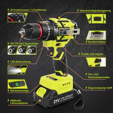 Акумуляторний шуруповерт 21V з набором 46 предметів: безщітковий дриль-шуруповерт, 2 акумулятори 2000 mAh, патрон 3/8', 20+3 ступені крутного моменту, до 65 Н.м, LED-ліхтар, 2 швидкості, аксесуари для електроінструментів