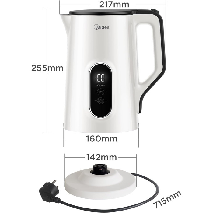 Midea 1.7L Electric Kettle - BPA Free, Fast Boil, LED Display, 360° Base, Dry Boil Protection