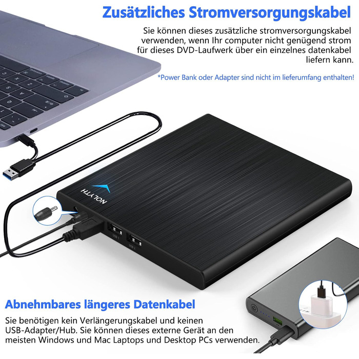 Зовнішній CD/DVD привід для ноутбука USB-C та USB: портативний DVD-плеєр та записувач для Mac, MacBook, Windows