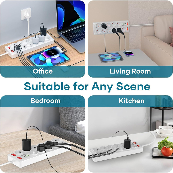 Многофункціональна мережева планка з USB, 11 розеток, вимикач, 2 USB-A та 2 USB-C порти, 4000W, 16A, 2 вимикачі, 2м кабель - білий