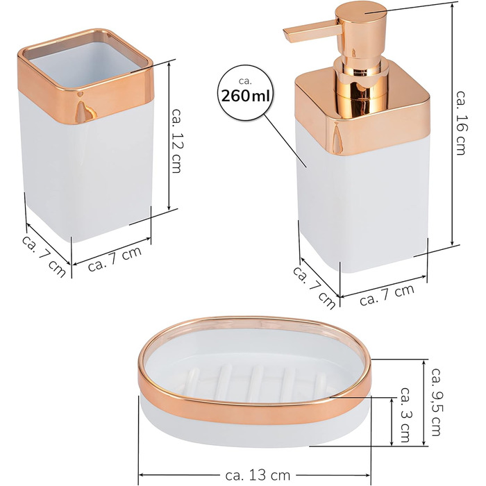 Набір для ванної кімнати Bremermann Savona 3-TLG, пластик, білий-рожезолотий: мильниця, дозатор мила, стакан