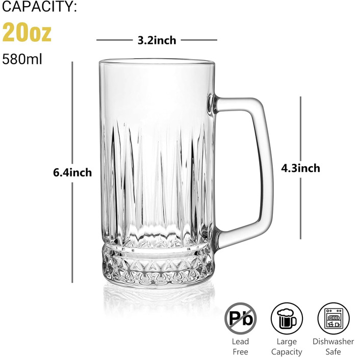 Набір з 2 скляних кружок для пива на 580 мл з ручкою, Elysia