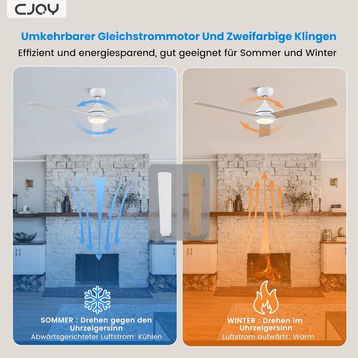 Стеляний вентилятор CJOY з підсвічуванням, 107 см, з пультом керування, тихий, DC, реверсивний, пам'ять 3CCT, диммування, 6 швидкостей, таймер для спальні (132 см, білий)