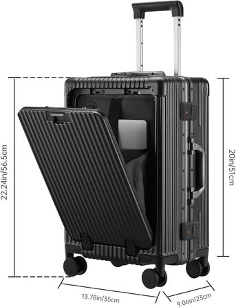 Валіза ручної огляду авіалінії з обертовими колесами, 50 см (20 дюймів), з алюмінієвим каркасом, інтегрованим замком TSA, USB-портом та тримачем для телефону. Білий (Чорний, 61 см (24 дюйми))