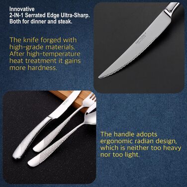 DAFFODILY Cutlery Set. Hammered 18/10 Stainless Steel Dinnerware. Mirror Finish, ultra-sharp steak knives, dishwasher safe. (Silver, 20)