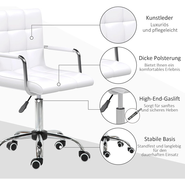 Крісло офісне HOMCOM для дому, регульоване по висоті, поворотне, з штучної шкіри, до 120 кг, біле