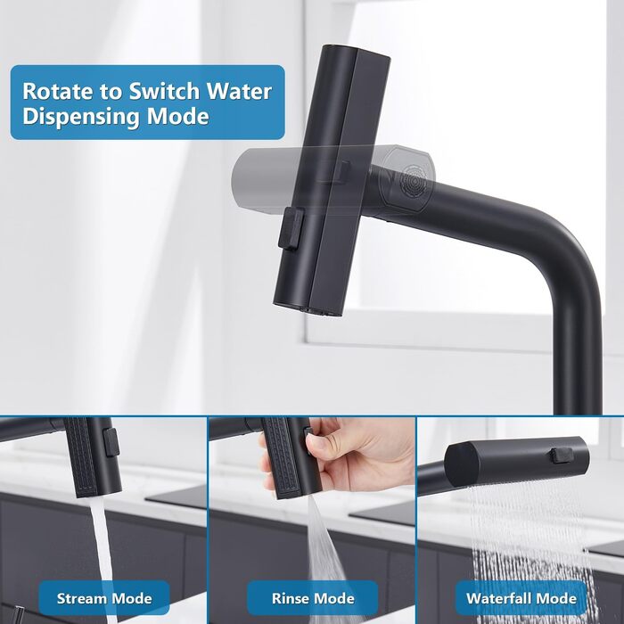 Чорний кухонний змішувач з висувною лійкою, водоспад, високий тиск, 3 режими, поворотний на 360°, з нержавіючої сталі, матовий, для кухні
