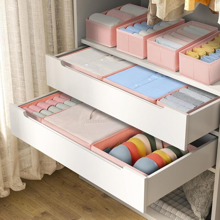 Drawer Organizer - Foldable Underwear Organizer Storage Box Fabric 16 Pieces Organizer Closet for Clothes, Socks (12 Pieces, Pink)