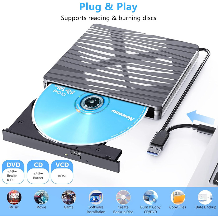 Зовнішній DVD-привід USB 3.0 та Type-C, портативний CD/DVD+/-RW записувач для ноутбука, ПК, MacBook, Windows, MacOS, Linux (Сірий)