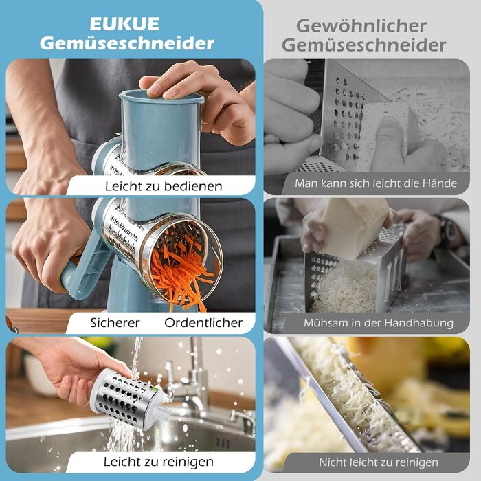 Ручна тертка для овочів 3-в-1 з нержавіючої сталі, терка для сиру з ручкою та 3 змінні леза, терка для салатів, горіхів, фруктів, піци. Колір: зелений