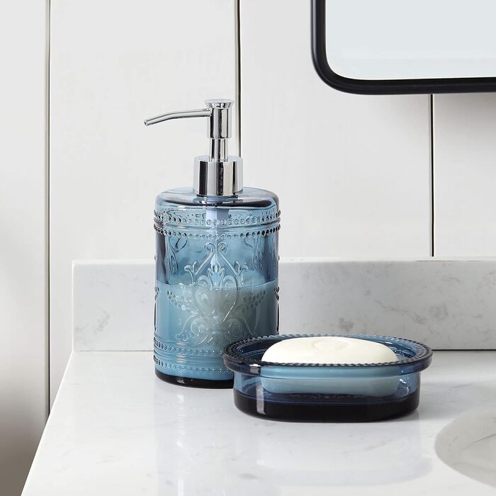 Bathroom accessory set made of heavy blue glass with decorative pressed pattern – includes soap dispenser, tumbler, soap dish, and toothbrush holder (blue)