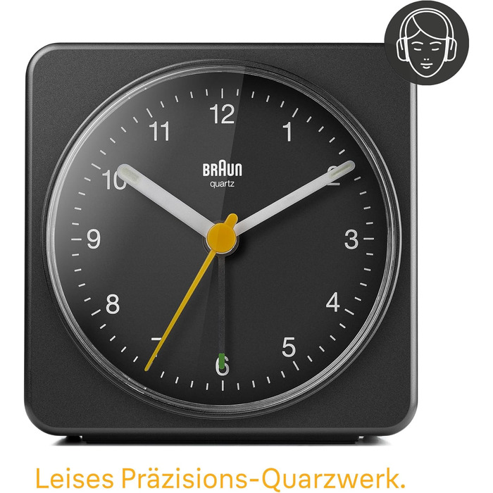 Braun Classic Analog Alarm Clock with Snooze Function and Light, Silent Quartz Movement, Crescendo Alarm, Black Model BC03B