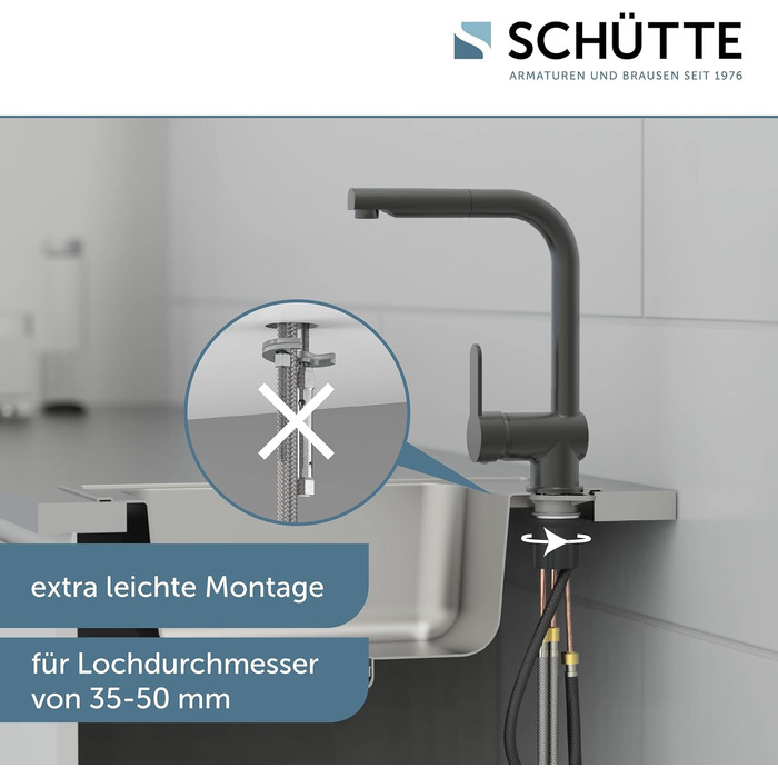 Кухонний змішувач SCHÜTTE LONDON з висувною лійкою, поворотний на 360°, з одним важелем, для кухні, високий тиск, графіт, 29,8 см