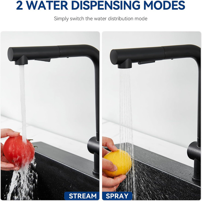 Кран кухонний CECIPA Hochdruck, висувна насадка, двосторонній струмінь, поворотний 360°, з нержавіючої сталі, чорний матовий, ×207B L-подібний, ×2