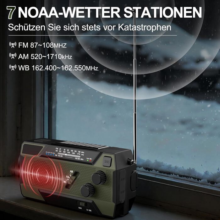 Радіо-кринка Notfall Weltempfänger 4000 mAh (14800 mWh) з 3 кабелями. Радіо для надзвичайних ситуацій з ручкою та сонячною панеллю, живлення від акумулятора, AM/FM/WB, SOS-сигнал, ліхтарик для надзвичайного спорядження Green