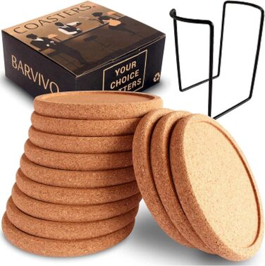BARVIVO Cork Coasters for Drinks + Holder, 12 Pieces, ideal coasters for wooden tables, stain and scratch protection, rustic coaster set, suitable for all sizes of glasses.