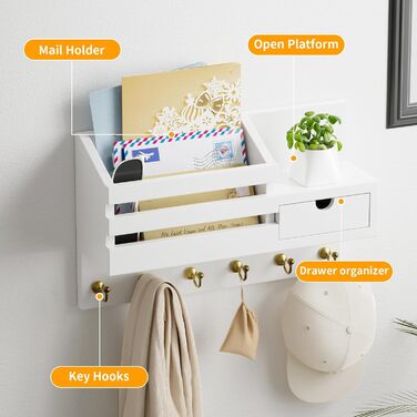 Настінна органайзер для ключів з 6 гачками та шухлядою, дерев'яна полиця для ключів, настінний тримач для ключів, для прихожей, вітальні, офісу (білий)