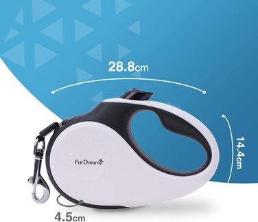 Рулетка для собак FurDreams – міцна висувна повідка 5 м | Зручна ручка з блокуванням | Міцний нейлоновий трос, що не заплутується | Кріплення для нашийника (велике) | Білий, великий
