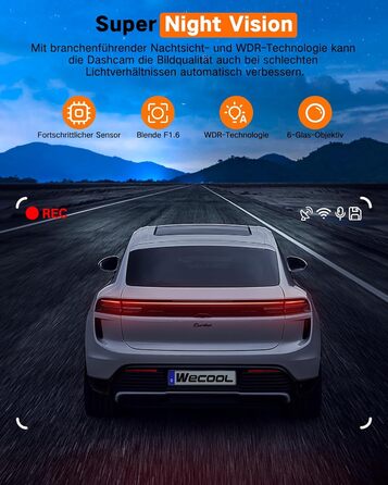 Автомобільний відеореєстратор Wecool 4K+2.5K (передній та задній), 2 канали, кут 170°+150°, 64GB SD-карта, 5GHz WiFi, нічна зйомка, G-сенсор, циклічний запис, цілодобовий моніторинг паркування