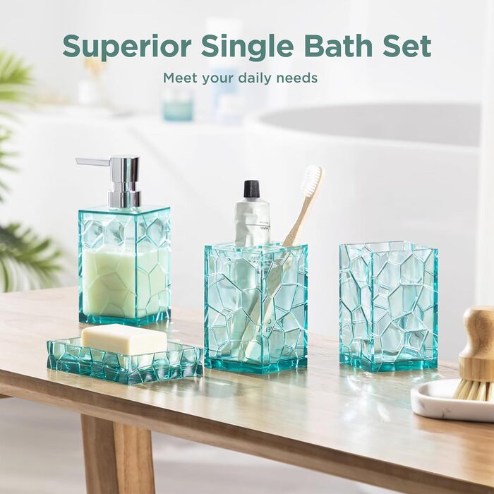 HBlife Bathroom Accessories Set, blue-green, Acrylic, Bathroom Countertop Set with Toothbrush Holder, Soap Dispenser, Cup, Soap Dish, turquoise, Boho, modern bathroom decor, ideal gift choice