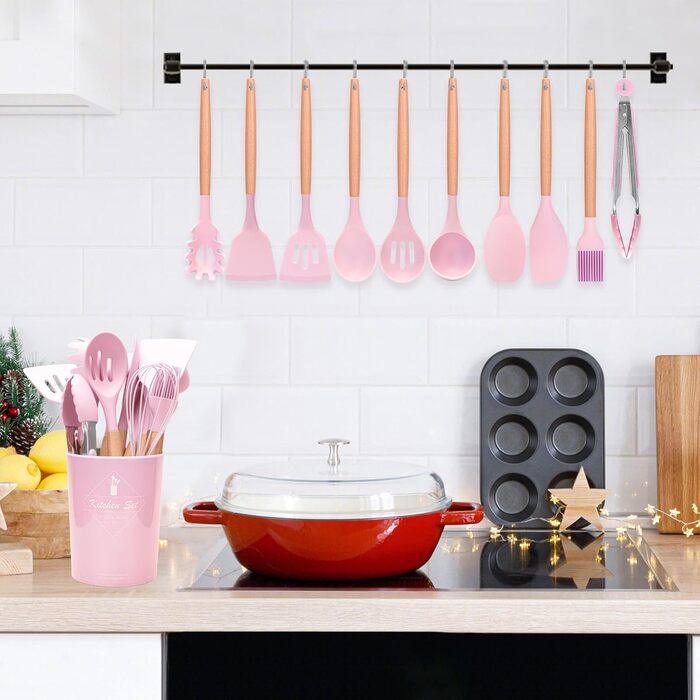 Набір кухонних аксесуарів Howephofly: 23 штуки з силікону, антипригарні, з дерев'яними ручками, включає гачки, рожевий колір