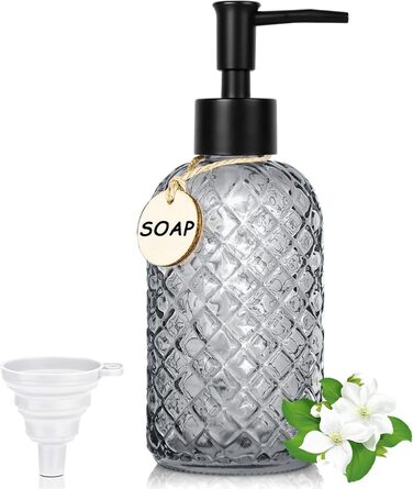 Скляний диспенсер для мила 500 мл з хвильовим дизайном для ванної кімнати та кухні, з чорним насосом, дерев'яними етикетками та воронкою (Charcoal, сірий)