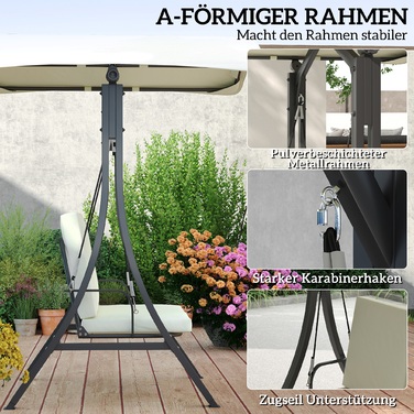 Outsunny Hollywood Swing with Adjustable Sun Canopy and Seat Cushion, Protective Cover, 2-Seater Garden Swing, Weight Capacity up to 220kg, UV 30+ Swing Bench for Garden, Patio, 150x120x182cm, Cream White | Aosom