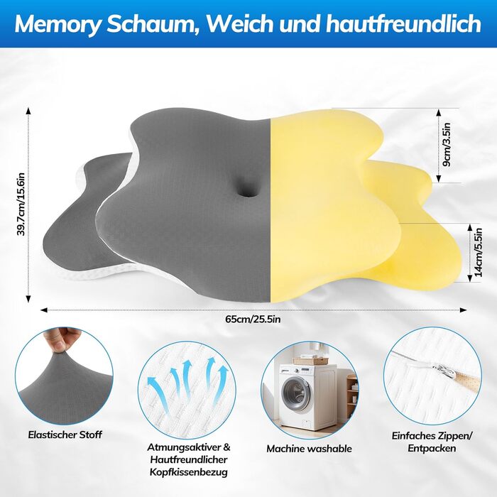 Ортопедична подушка з піни Memory Foam для сну на боці, спині та животі. Зменшує біль у шиї та голові, дихаюча та знімний чохол.