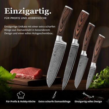 Набір кухонних ножів Wakoli EDIB Damast 4 шт. з 67 шарів дамаської сталі (VG10) з дерев'яною ручкою. Включає: Сантоку, Офісний ніж, Ніж для м'яса. У подарунковій коробці (без гравіювання, без підставки)