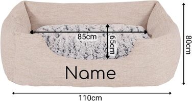 Lionto Dog Basket with Fluffy Reversible Cushion, Cozy Pet Bed in Heathered Design with Deep Entry for Dogs & Cats of All Sizes, 80x60 cm, Soft Dog Bed, (Beige, L 110 x W 80 x H 28 cm (with name tag))