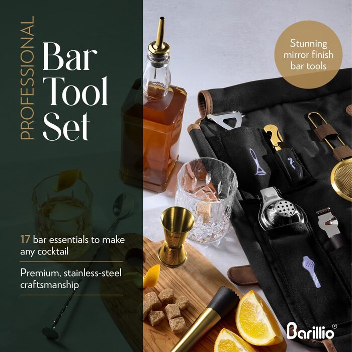 Набір бармена Barillio з золотим шейкером: 17 предметів, сумка для подорожей, вощена тканина - мобільний бар для коктейлів