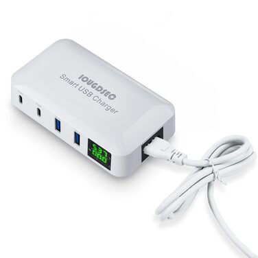 Зарядна станція Schnellladestation PD20W QC3.0 7-в-1 з LCD-дисплеєм, USB-роз'єми, сумісна з iPhone, iPad, Samsung, Huawei (Чорний)