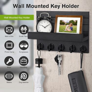 Дерев'яне ключниця на стіну з полицею, чорний колір, 5 гачків, для прихожої, спальні, вітальні