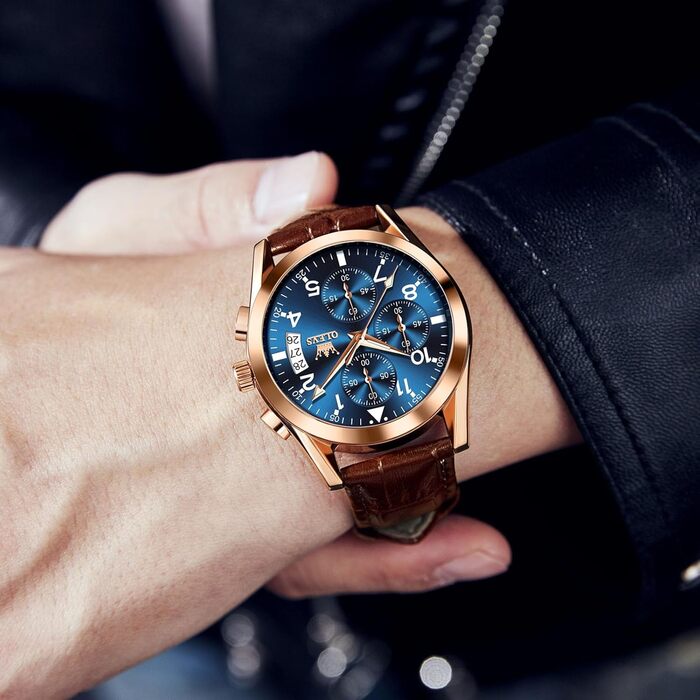 Годинник чоловічий OLEVS Vintage з шкіряним ремінцем, великий циферблат, водонепроникні, аналогові годинники з датою (2878, блакитний циферблат/коричневий ремінець)
