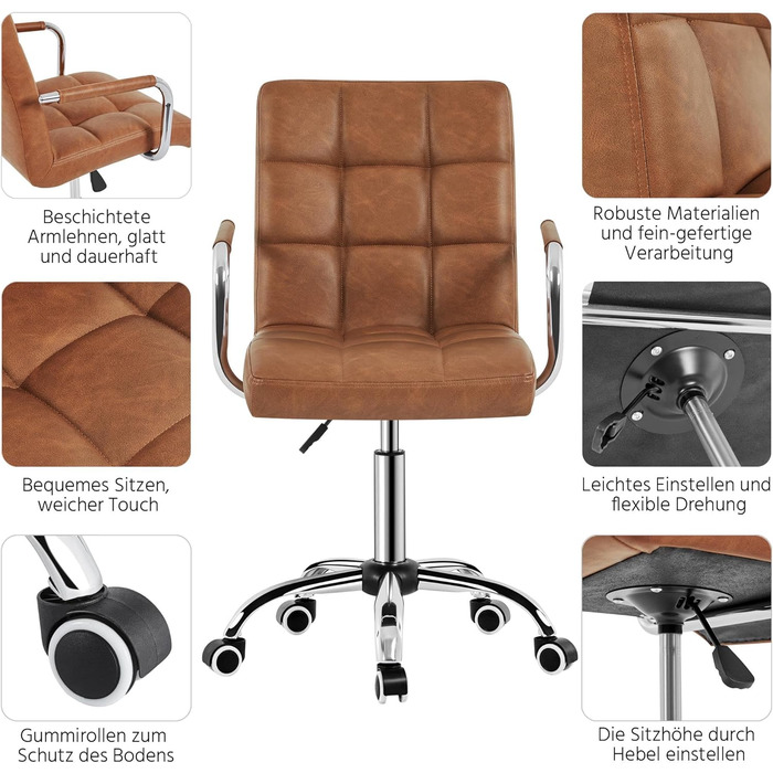 Офісне крісло Yaheetech з регулюванням висоти та знімними підлокітниками, з штучної шкіри (колір: коричневий ретро)