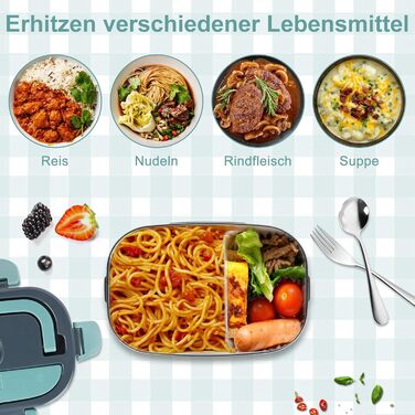 Електрична ланчбокс 1.5л для дорослих, 80W, з термосумкою та столовими приборами, нержавіюча сталь, блакитна, для авто/офісу