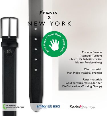 Чоловічий шкіряний ремінь FENIX NEW YORK, 80-125 см, регульований, 35 мм, без нікелю, для костюма та джинсів