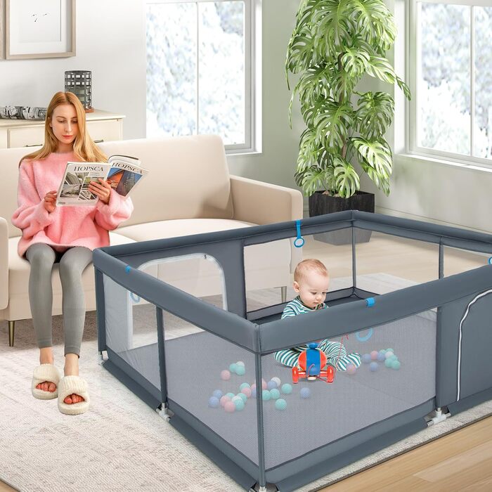 DREAMADE Playpen Baby, 200 x 180cm Playard with 50 Balls & 4 Grips & Carry Bag, Foldable Crawling Gate with Breathable Mesh, for Baby & Toddlers 0-36 Months (Dark Grey)