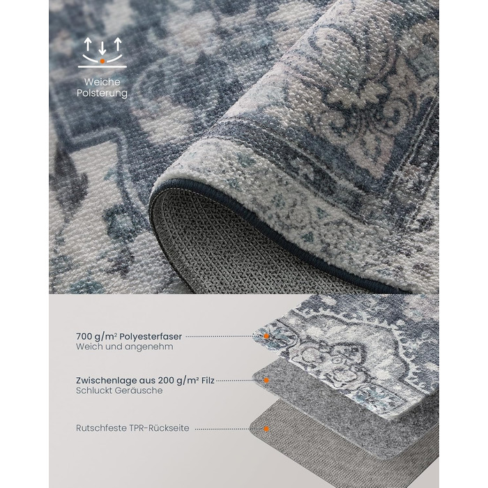 Килим SONGMICS HOME Vintage, 120x170 см, для вітальні, спальні, кухні, коридору, їдальні, сірий (TAR032G01)