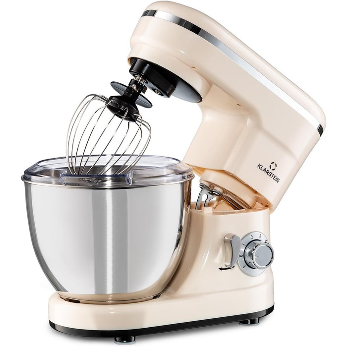 Klarstein Bella Kitchen Machine - Stand Mixer with 6 Speed Settings, Stainless Steel Beater, Pulse Function, Planetary Mixing System, 3 Mixing Attachments, 1200 W Power, cream