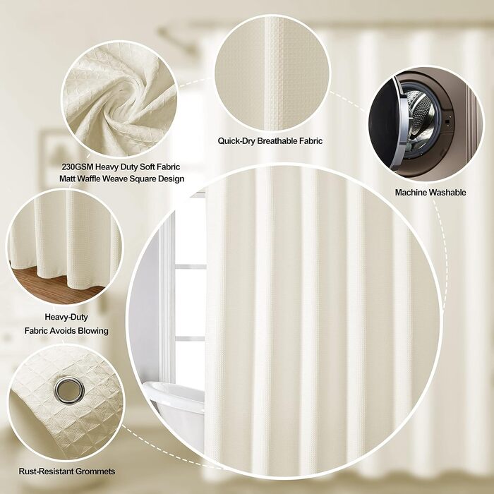 Двостулковий душовий завіс з тканини, бежевий, 183x244 см – Hotel Quality, водонепроникний, для ванної кімнати