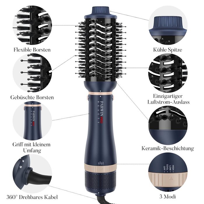 Набір для укладки волосся PARWIN PRO BEAUTY 5 в 1: фен-щітка з іонізацією, 1100 Вт, 5 насадок для сушіння, випрямлення, об'єму та укладки
