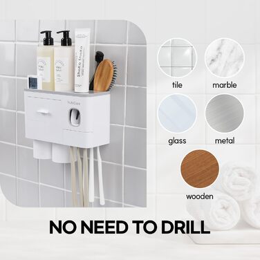 HubiCare Toothbrush Holder with Toothpaste Dispenser Wall Mount for Bathroom, Automatic Toothpaste Press, Bathroom Organization and Storage, 5 Toothbrush Slots (2 Cups)