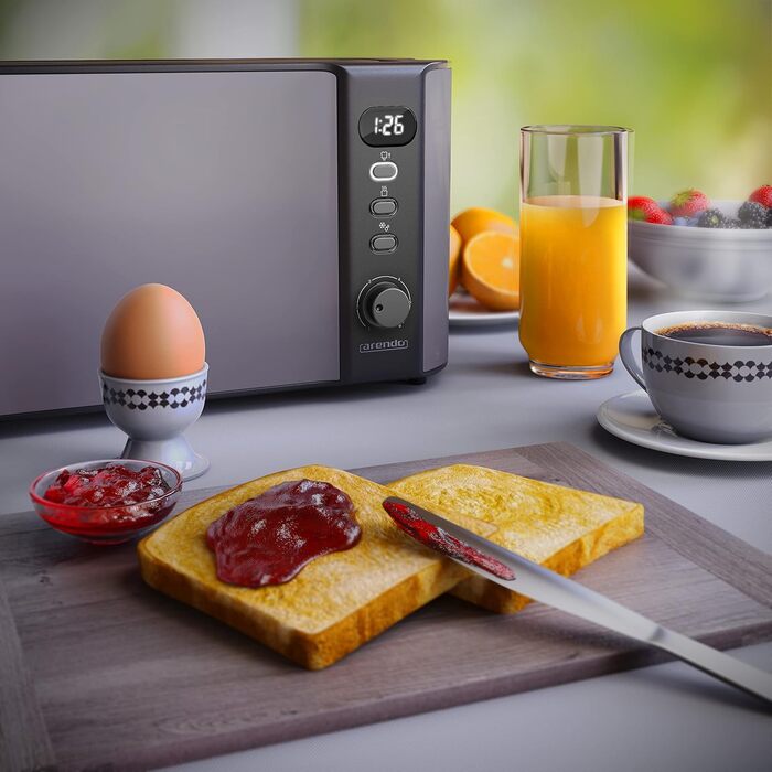 Arendo - 2-Slice Long Slot Toaster - Defrost Function - 1000W - Double-Walled Housing - Integrated Bun Tray - Browning Levels 1-6 - Display with Remaining Time Display D: Silvergrey