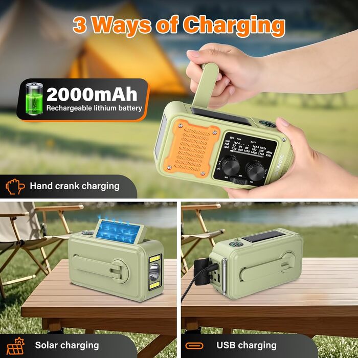 Радіо на механічній ручці Diymore 2000mAh з сонячною панеллю, FM/AM/WB, Power Bank, LED ліхтарик для кемпінгу, SOS сигнал, компас. Радіоприймач для екстрених ситуацій та відпочинку на природі, чорний