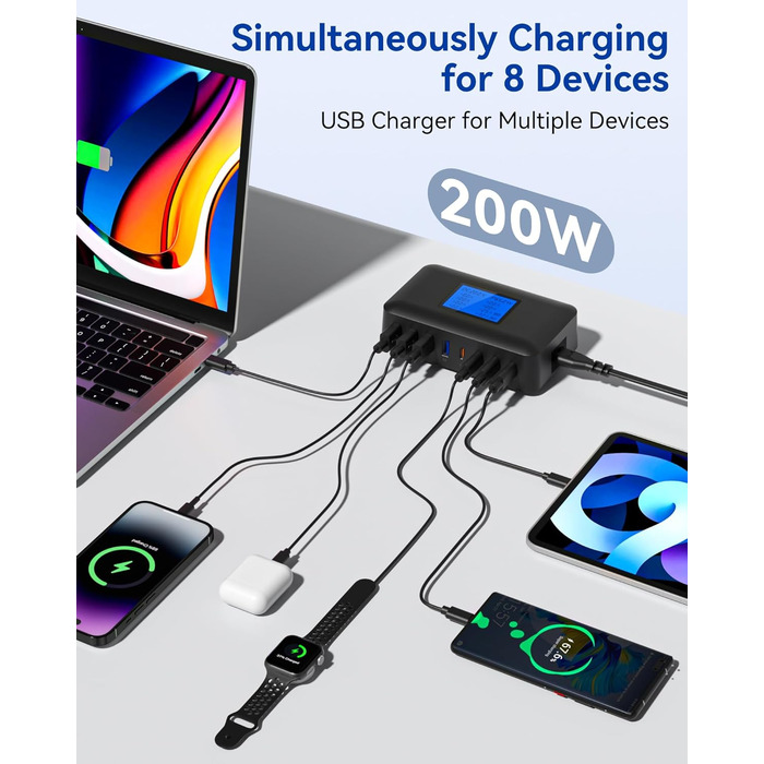 Зарядний пристрій USB C 200W, 8 портів, PD 65W з LCD дисплеєм для MacBook, iPad, iPhone 16/15/14/13 Pro/Max, Samsung S24/S23 – Чорний