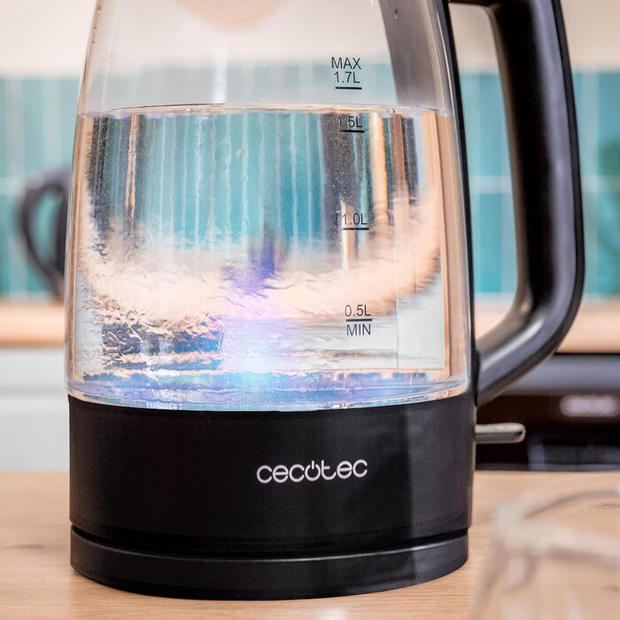 Скляний електрочайник Cecotec ThermoSense 340 Clear, 1.7 л, 2200 Вт, боросилікатне скло, LED-індикація, чорний