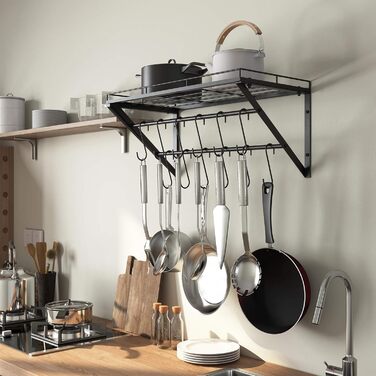 OROPY Pot Rack, 3-Tier Iron Kitchen Shelf, Wall Mount, Pan Holder with 12 Hooks, 60 * 29.5 * 24.5cm, Kitchen Utensil Holder, Kitchen Wall Shelf for Pots and Pans