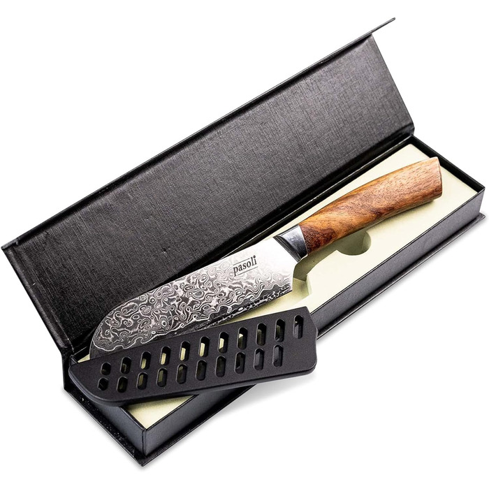 Pasoli Damascus Santoku Knife incl. Blade Protector | 67-Layer VG-10 Damascus Steel | Sharp 13 cm Blade | Elegant Wooden Handle | Ideal Chef's Knife